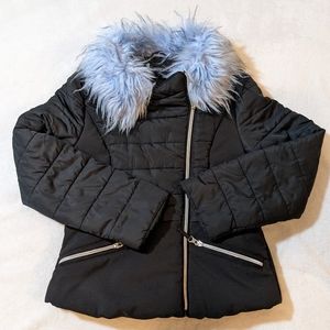 Rothschild Girls Coat Size 10/12 Black with Blue faux fur collar